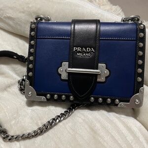 Prada Cahier Studded Shoulder Bag – Blue/Black Leather (pre-loved with COA)
